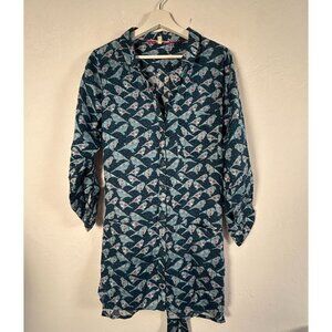 White Stuff Womens Teal Bird Print Button-Up Long Sleeve Tunic Shirt Size 16